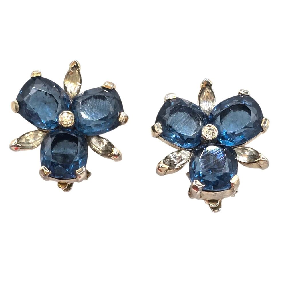 Earrings Vintage Jomaz Blue Floral Design Gold Tone Setting Clip On Style SK3364